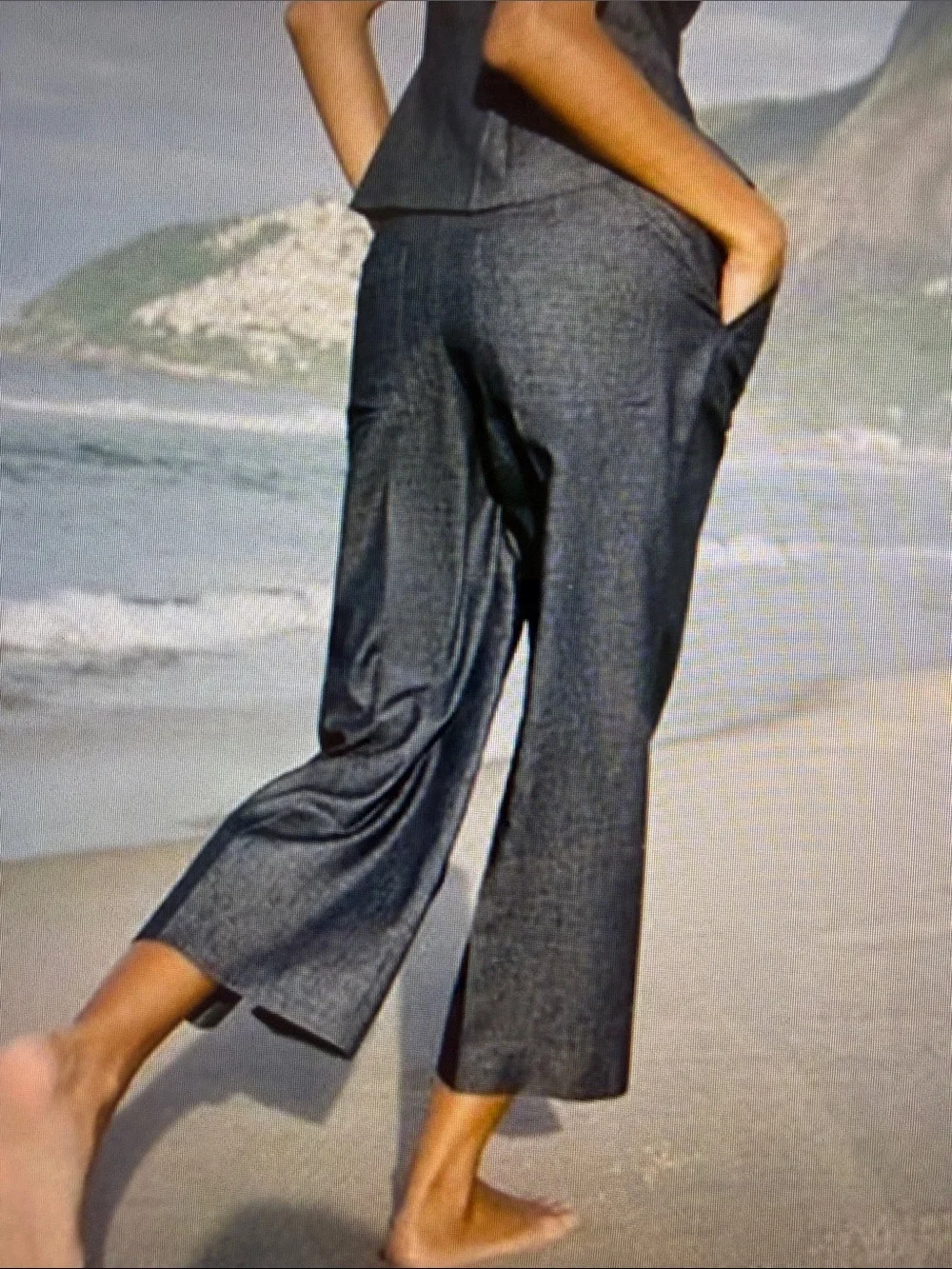 NWT Zara Wide-Leg Cropped Culottes Trouser with Linen Blue Autumn High Waist Med